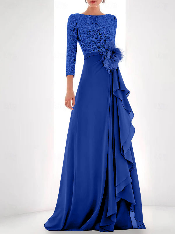 Asymmetrical A Line Jewel Neck Gown with Long Sleeves Sequin Feather and Pearl Details