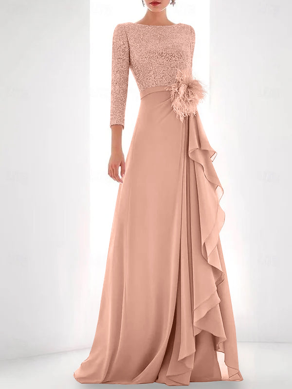 Asymmetrical A Line Jewel Neck Gown with Long Sleeves Sequin Feather and Pearl Details