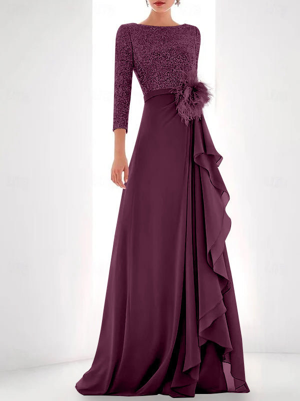 Asymmetrical A Line Jewel Neck Gown with Long Sleeves Sequin Feather and Pearl Details