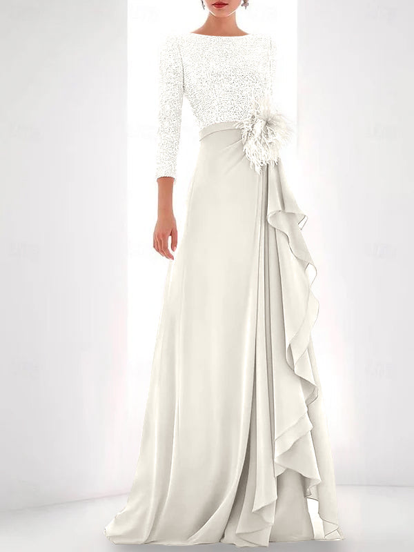 Asymmetrical A Line Jewel Neck Gown with Long Sleeves Sequin Feather and Pearl Details