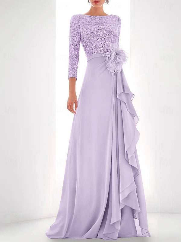 Asymmetrical A Line Jewel Neck Gown with Long Sleeves Sequin Feather and Pearl Details