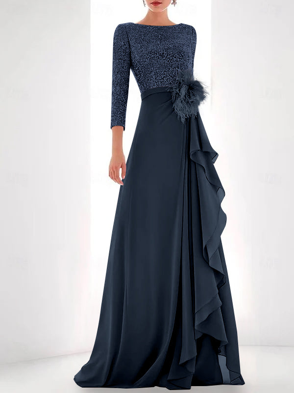 Asymmetrical A Line Jewel Neck Gown with Long Sleeves Sequin Feather and Pearl Details