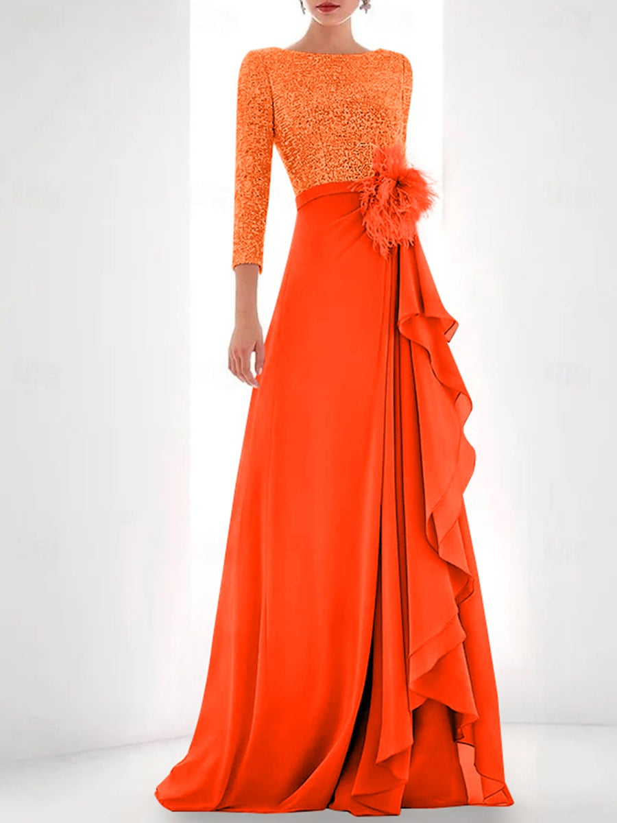 Asymmetrical A Line Jewel Neck Gown with Long Sleeves Sequin Feather and Pearl Details