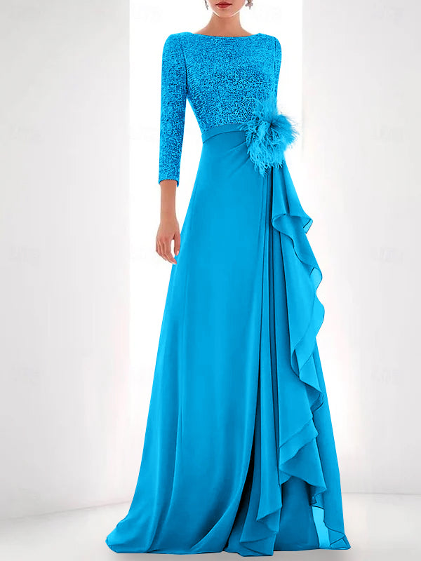 Asymmetrical A Line Jewel Neck Gown with Long Sleeves Sequin Feather and Pearl Details