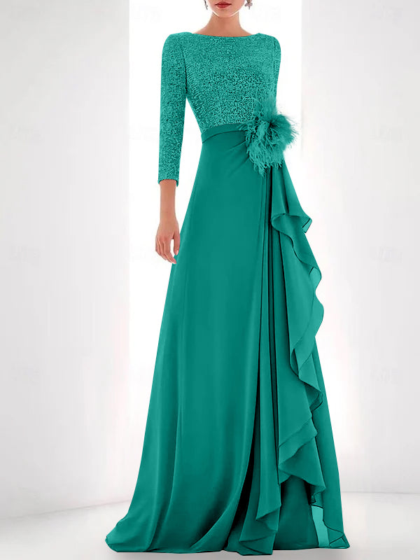 Asymmetrical A Line Jewel Neck Gown with Long Sleeves Sequin Feather and Pearl Details