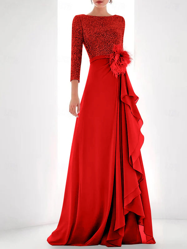 Asymmetrical A Line Jewel Neck Gown with Long Sleeves Sequin Feather and Pearl Details