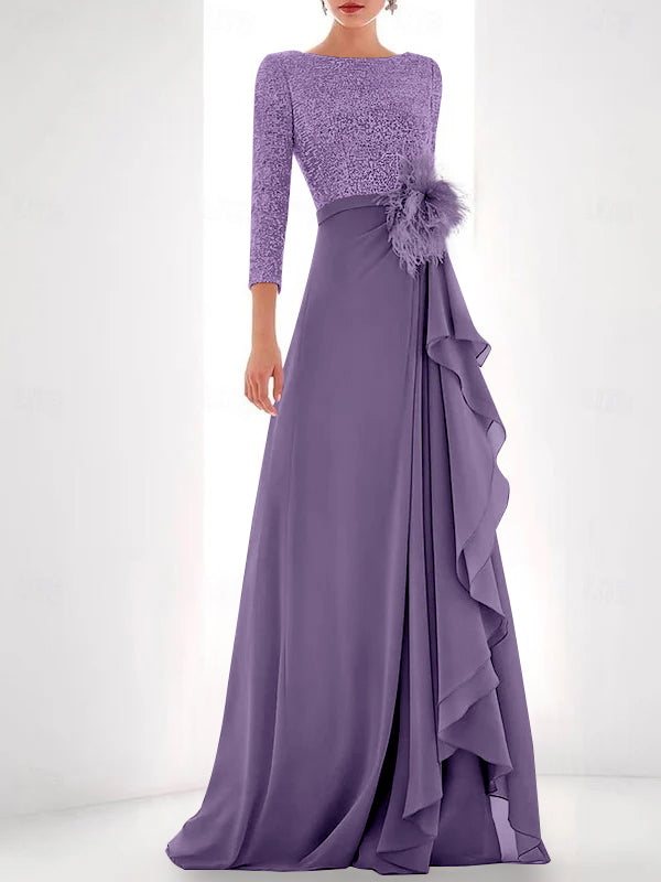 Asymmetrical A Line Jewel Neck Gown with Long Sleeves Sequin Feather and Pearl Details
