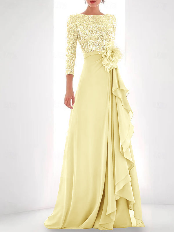 Asymmetrical A Line Jewel Neck Gown with Long Sleeves Sequin Feather and Pearl Details