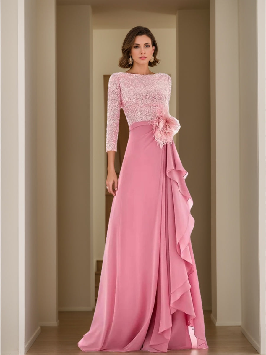 Asymmetrical A Line Jewel Neck Gown with Long Sleeves Sequin Feather and Pearl Details