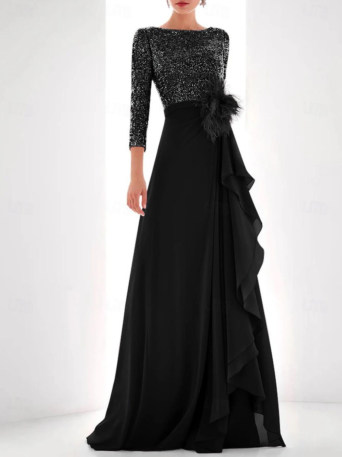 Asymmetrical A Line Jewel Neck Gown with Long Sleeves Sequin Feather and Pearl Details