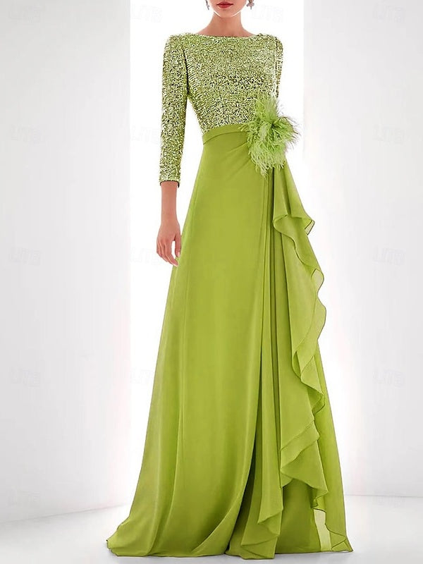 Asymmetrical A Line Jewel Neck Gown with Long Sleeves Sequin Feather and Pearl Details