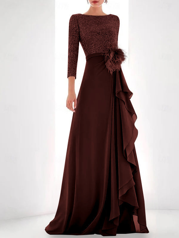 Asymmetrical A Line Jewel Neck Gown with Long Sleeves Sequin Feather and Pearl Details