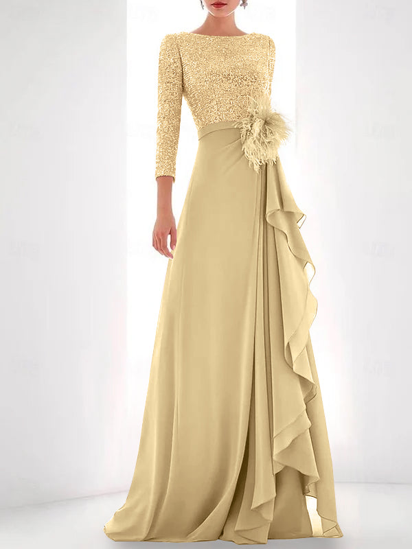 Asymmetrical A Line Jewel Neck Gown with Long Sleeves Sequin Feather and Pearl Details