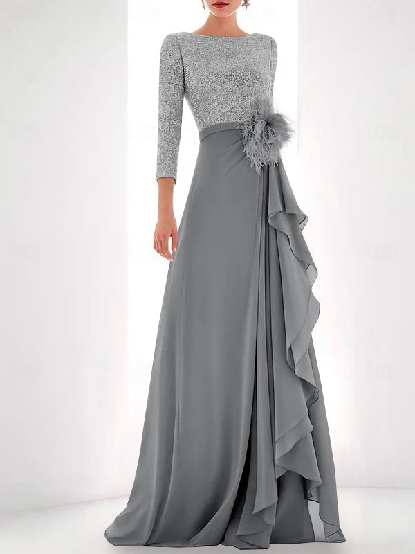 Asymmetrical A Line Jewel Neck Gown with Long Sleeves Sequin Feather and Pearl Details