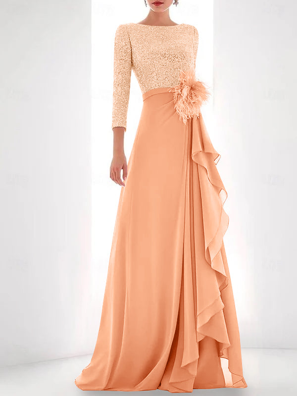 Asymmetrical A Line Jewel Neck Gown with Long Sleeves Sequin Feather and Pearl Details