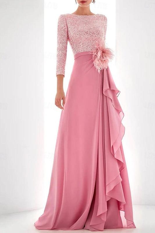 Asymmetrical A Line Jewel Neck Gown with Long Sleeves Sequin Feather and Pearl Details