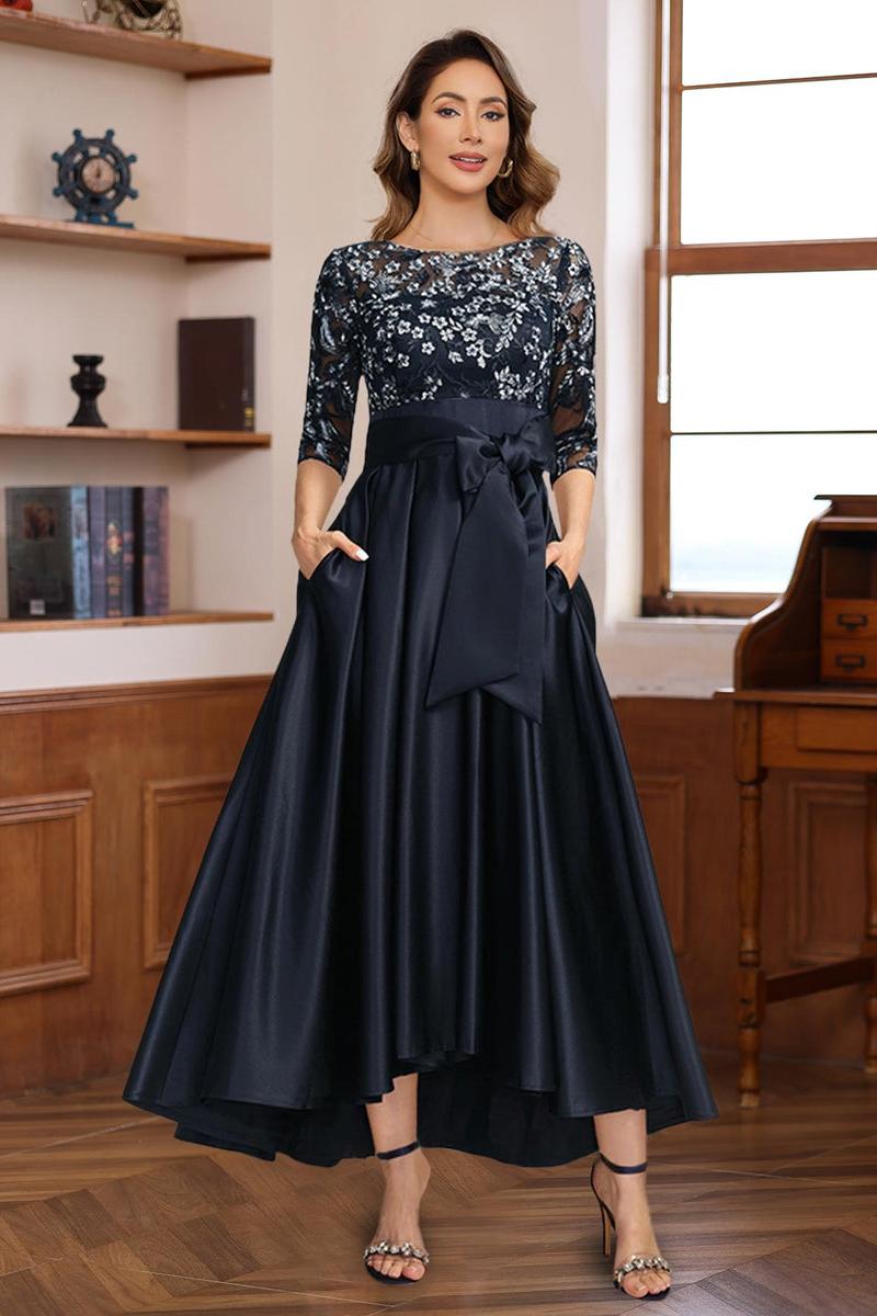 Asymmetrical Lace A Line Dress with 3/4 Sleeves Appliques & Bow Belt for Mother of the Bride or Groom