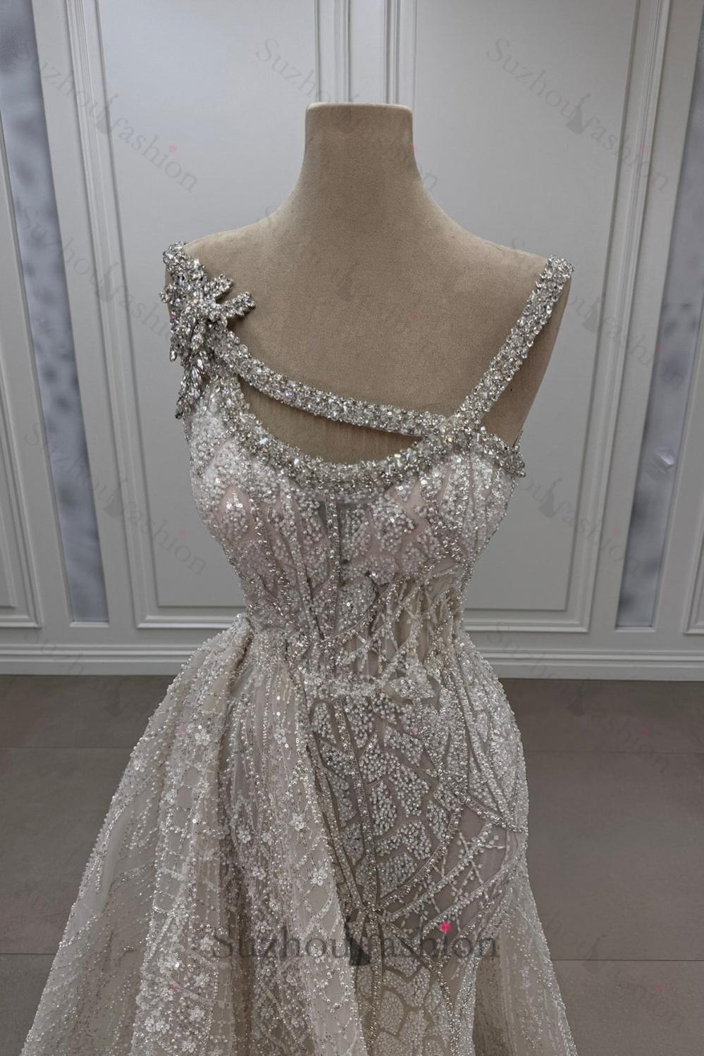 Asymmetrical Mermaid Strapless Sleeveless Beaded Panel Train Tulle Formal Dress