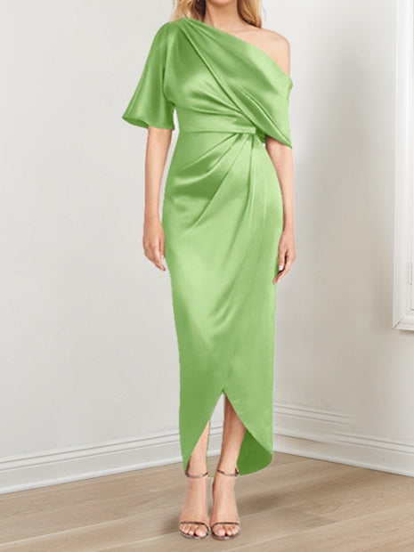 Asymmetrical One Shoulder Short Sleeve Sheath Dress with Ruffles for the Mother of the Bride