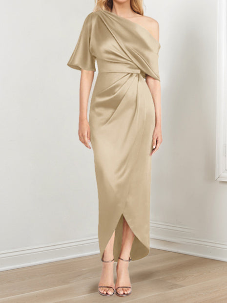 Asymmetrical One Shoulder Short Sleeve Sheath Dress with Ruffles for the Mother of the Bride