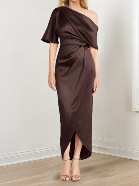 Asymmetrical One Shoulder Short Sleeve Sheath Dress with Ruffles for the Mother of the Bride