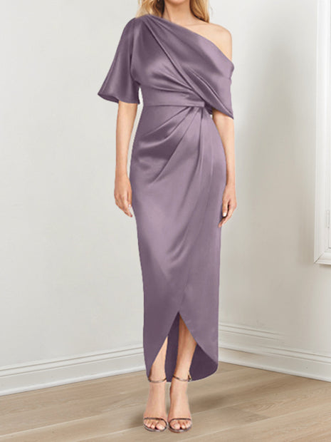 Asymmetrical One Shoulder Short Sleeve Sheath Dress with Ruffles for the Mother of the Bride
