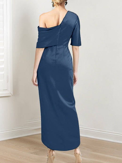 Asymmetrical One Shoulder Short Sleeve Sheath Dress with Ruffles for the Mother of the Bride
