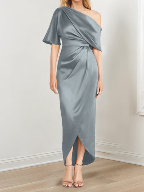Asymmetrical One Shoulder Short Sleeve Sheath Dress with Ruffles for the Mother of the Bride