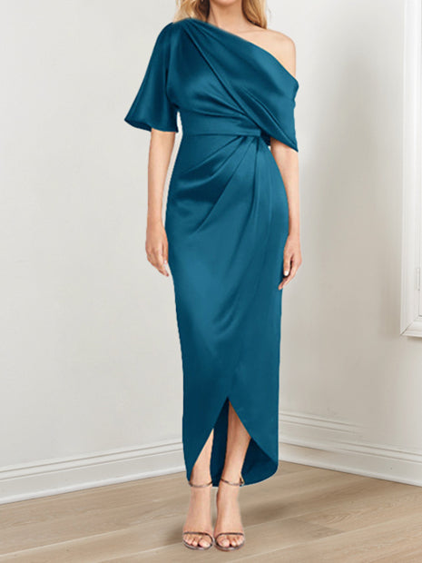 Asymmetrical One Shoulder Short Sleeve Sheath Dress with Ruffles for the Mother of the Bride