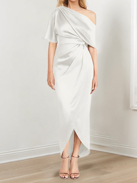 Asymmetrical One Shoulder Short Sleeve Sheath Dress with Ruffles for the Mother of the Bride