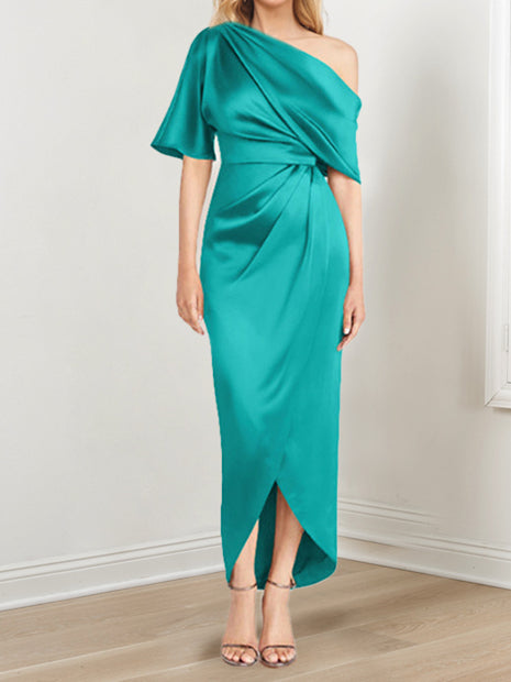 Asymmetrical One Shoulder Short Sleeve Sheath Dress with Ruffles for the Mother of the Bride