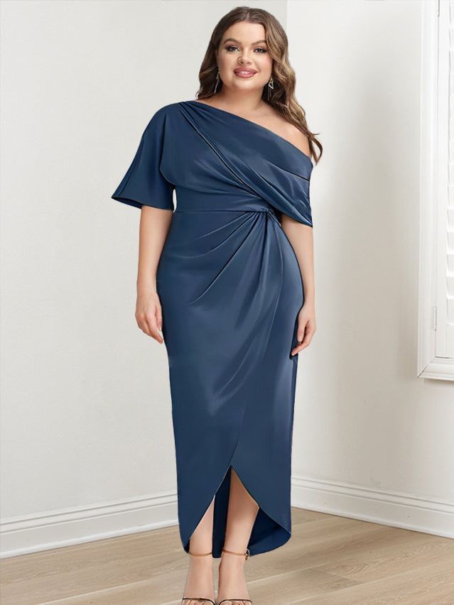 Asymmetrical One Shoulder Short Sleeve Sheath Dress with Ruffles for the Mother of the Bride
