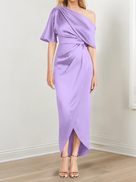 Asymmetrical One Shoulder Short Sleeve Sheath Dress with Ruffles for the Mother of the Bride