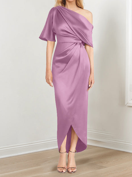 Asymmetrical One Shoulder Short Sleeve Sheath Dress with Ruffles for the Mother of the Bride