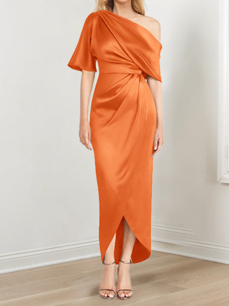 Asymmetrical One Shoulder Short Sleeve Sheath Dress with Ruffles for the Mother of the Bride
