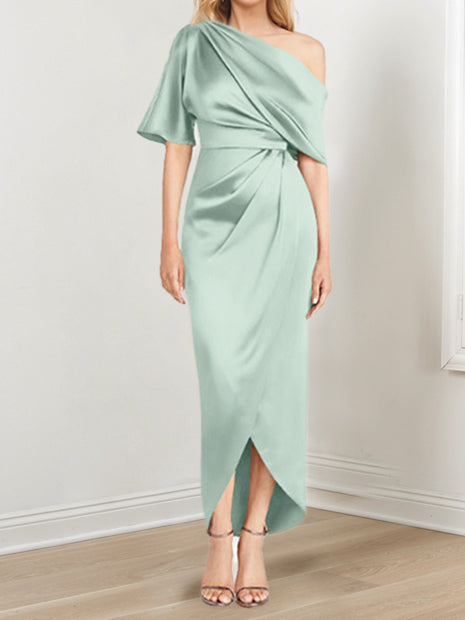 Asymmetrical One Shoulder Short Sleeve Sheath Dress with Ruffles for the Mother of the Bride