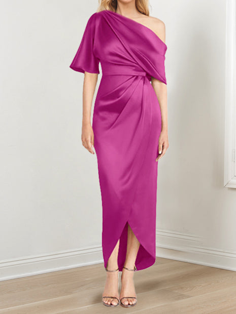 Asymmetrical One Shoulder Short Sleeve Sheath Dress with Ruffles for the Mother of the Bride