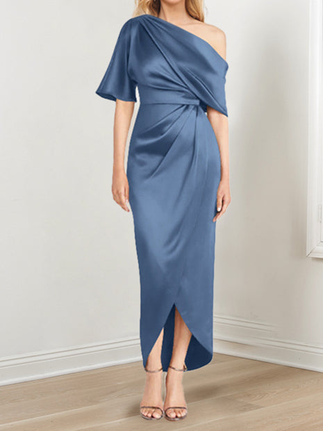 Asymmetrical One Shoulder Short Sleeve Sheath Dress with Ruffles for the Mother of the Bride