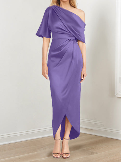 Asymmetrical One Shoulder Short Sleeve Sheath Dress with Ruffles for the Mother of the Bride