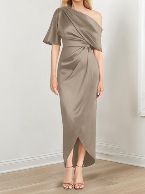 Asymmetrical One Shoulder Short Sleeve Sheath Dress with Ruffles for the Mother of the Bride