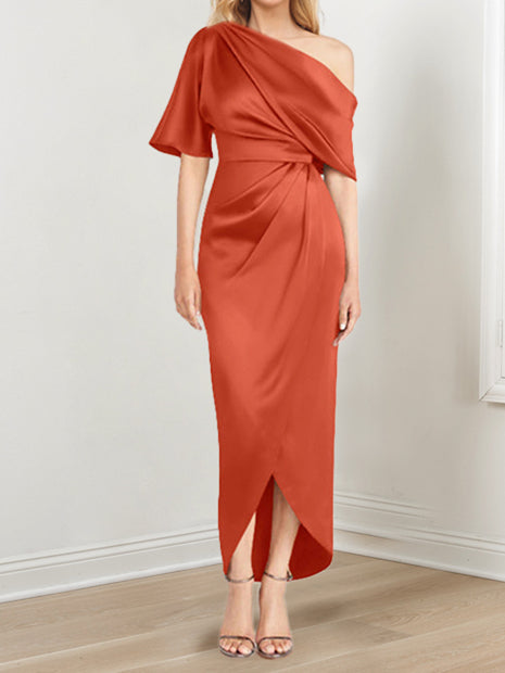 Asymmetrical One Shoulder Short Sleeve Sheath Dress with Ruffles for the Mother of the Bride