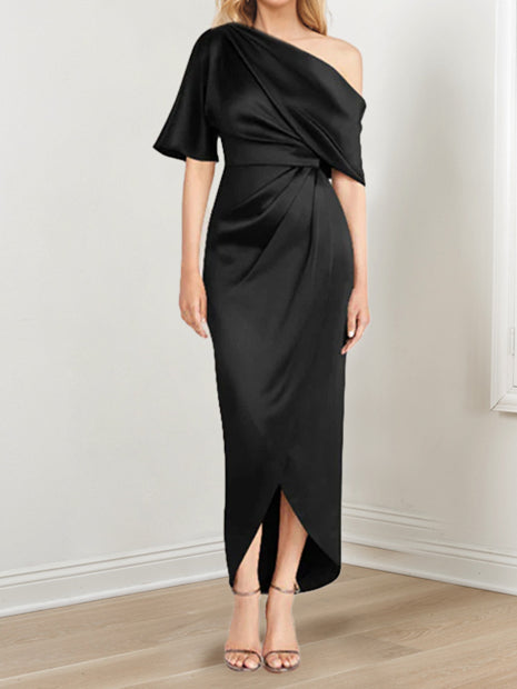 Asymmetrical One Shoulder Short Sleeve Sheath Dress with Ruffles for the Mother of the Bride