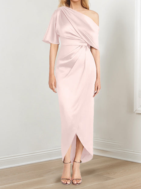 Asymmetrical One Shoulder Short Sleeve Sheath Dress with Ruffles for the Mother of the Bride