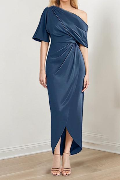 Asymmetrical One Shoulder Short Sleeve Sheath Dress with Ruffles for the Mother of the Bride