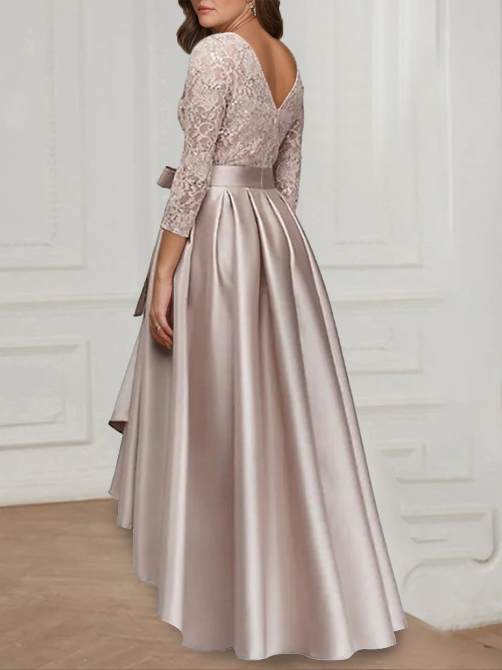 Asymmetrical Plus Size Mother of the Bride A Line Dress with Jewel Neck and 3/4 Sleeves