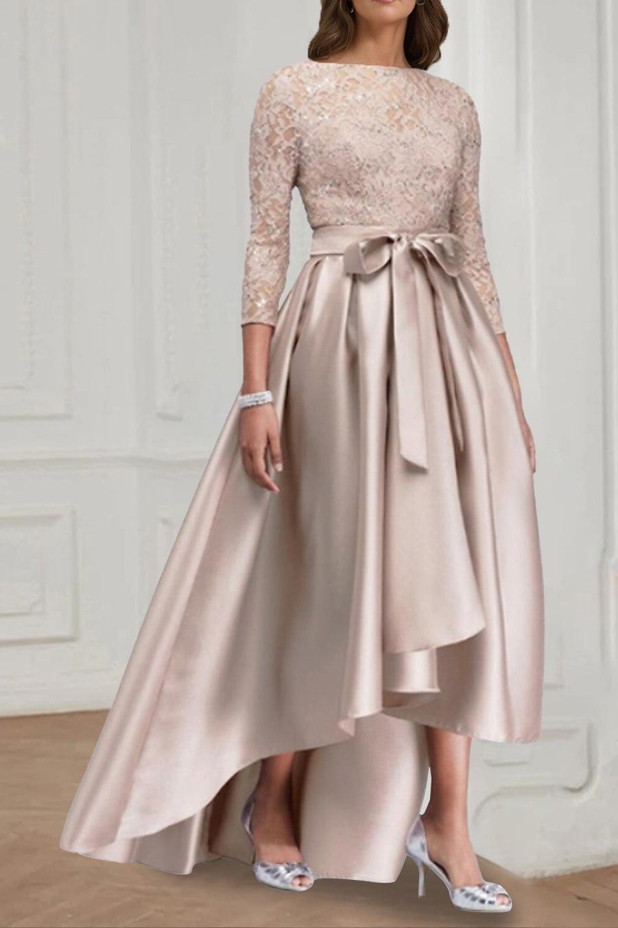 Asymmetrical Plus Size Mother of the Bride A Line Dress with Jewel Neck and 3/4 Sleeves