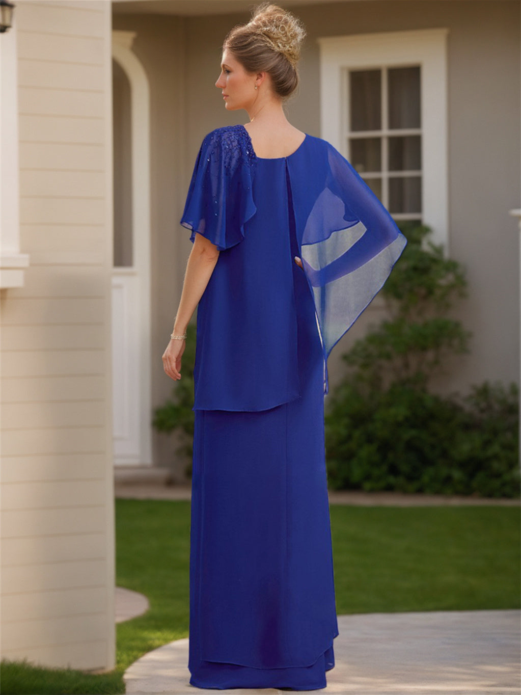 Asymmetrical Ruffle Chiffon Long Mother of the Bride Dress with Short Sleeves