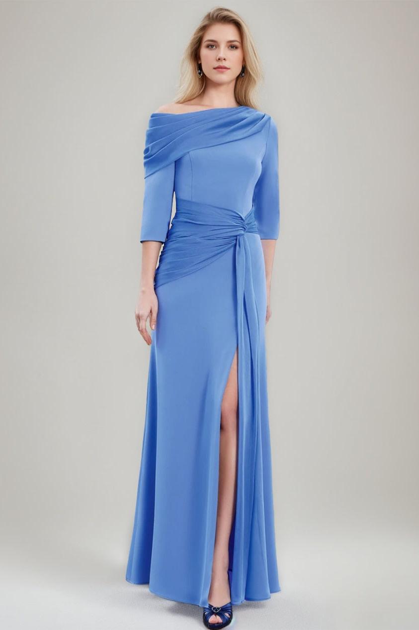 Asymmetrical Sheath Column Gown with Draped Neckline 3/4 Sleeves and Long Pleated Chiffon Design Featuring a Slit