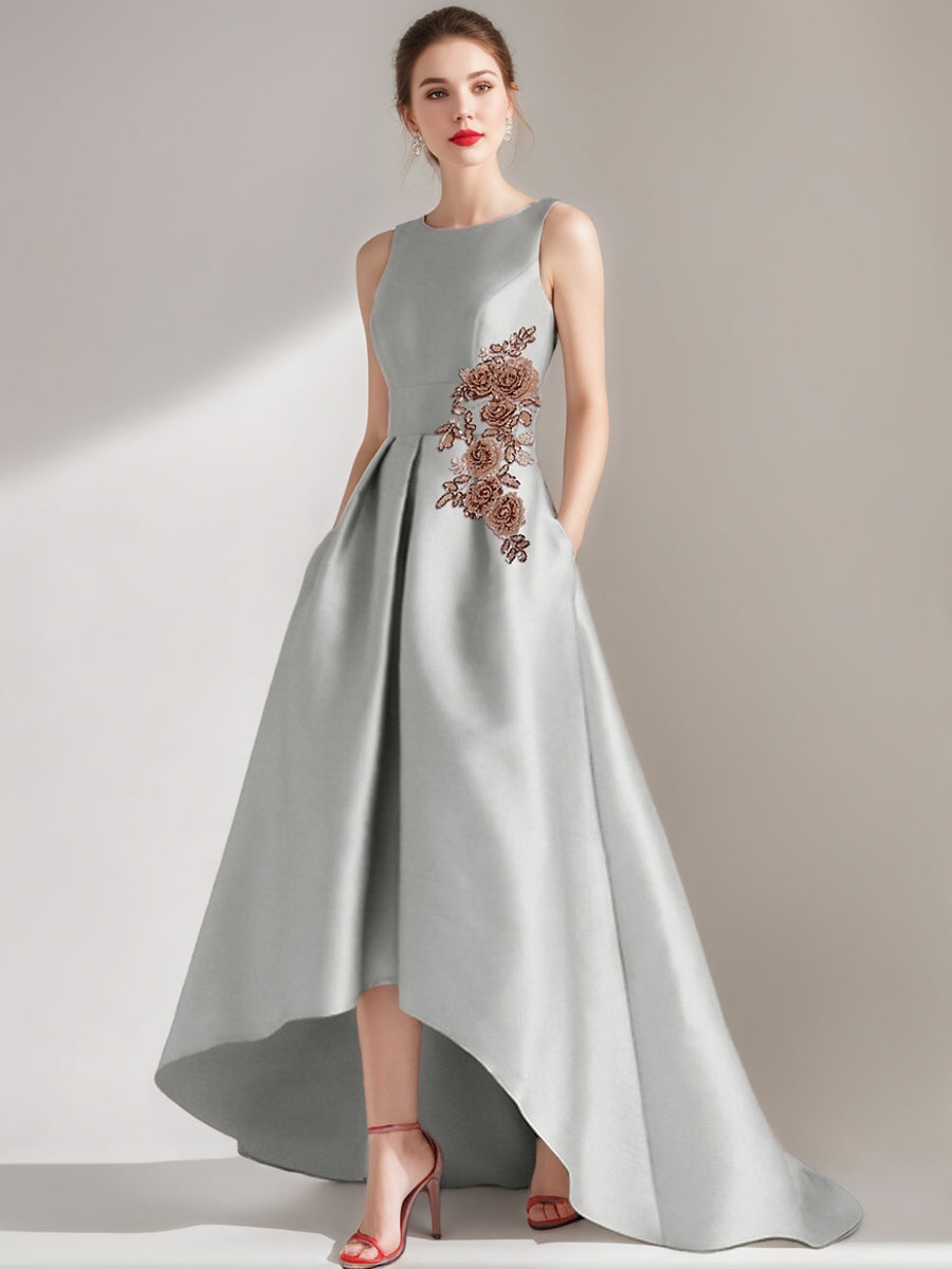 Asymmetrical Sleeveless A Line Mother of the Bride & Groom Dress with Appliques and Pocket