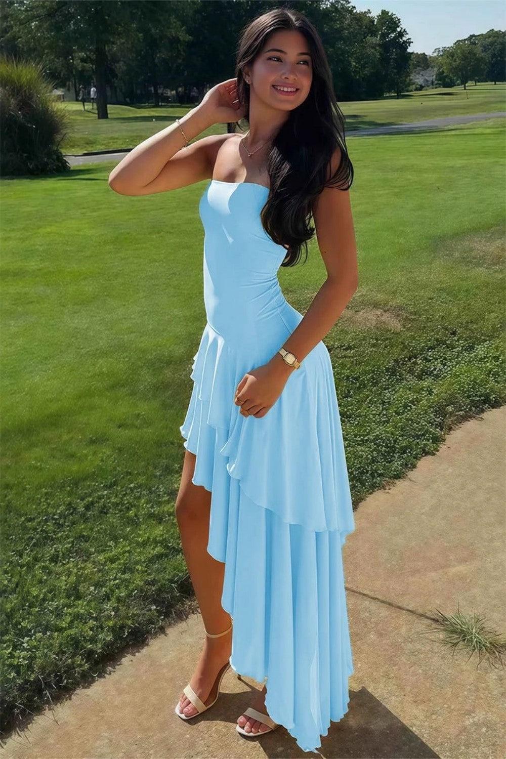 Asymmetrical Strapless Blue Long Prom Dress With Ruffles Formal Evening Gown